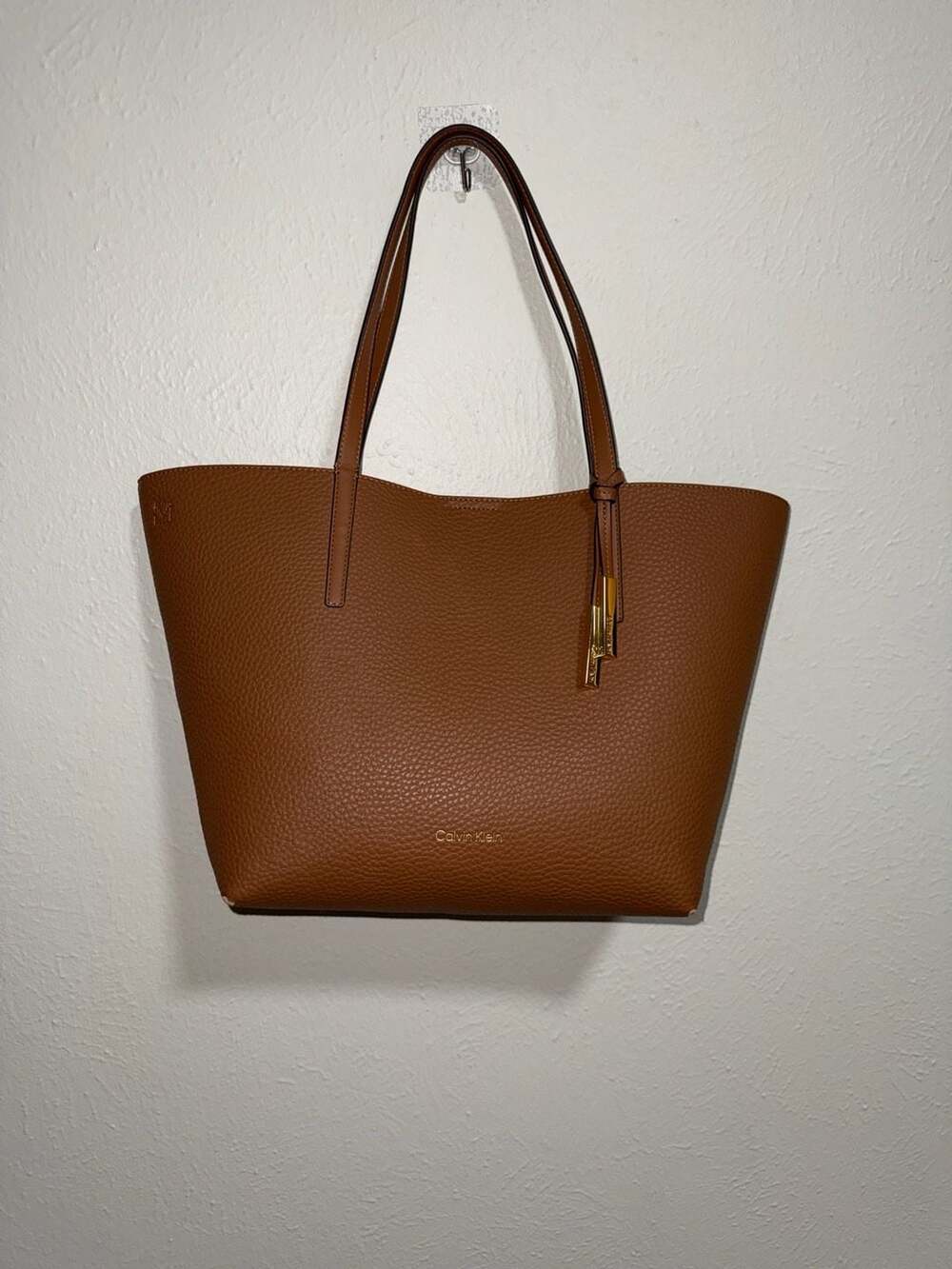 Calvin Klein Rachel Pebbled Leather Tote Bag in Walnut Gold